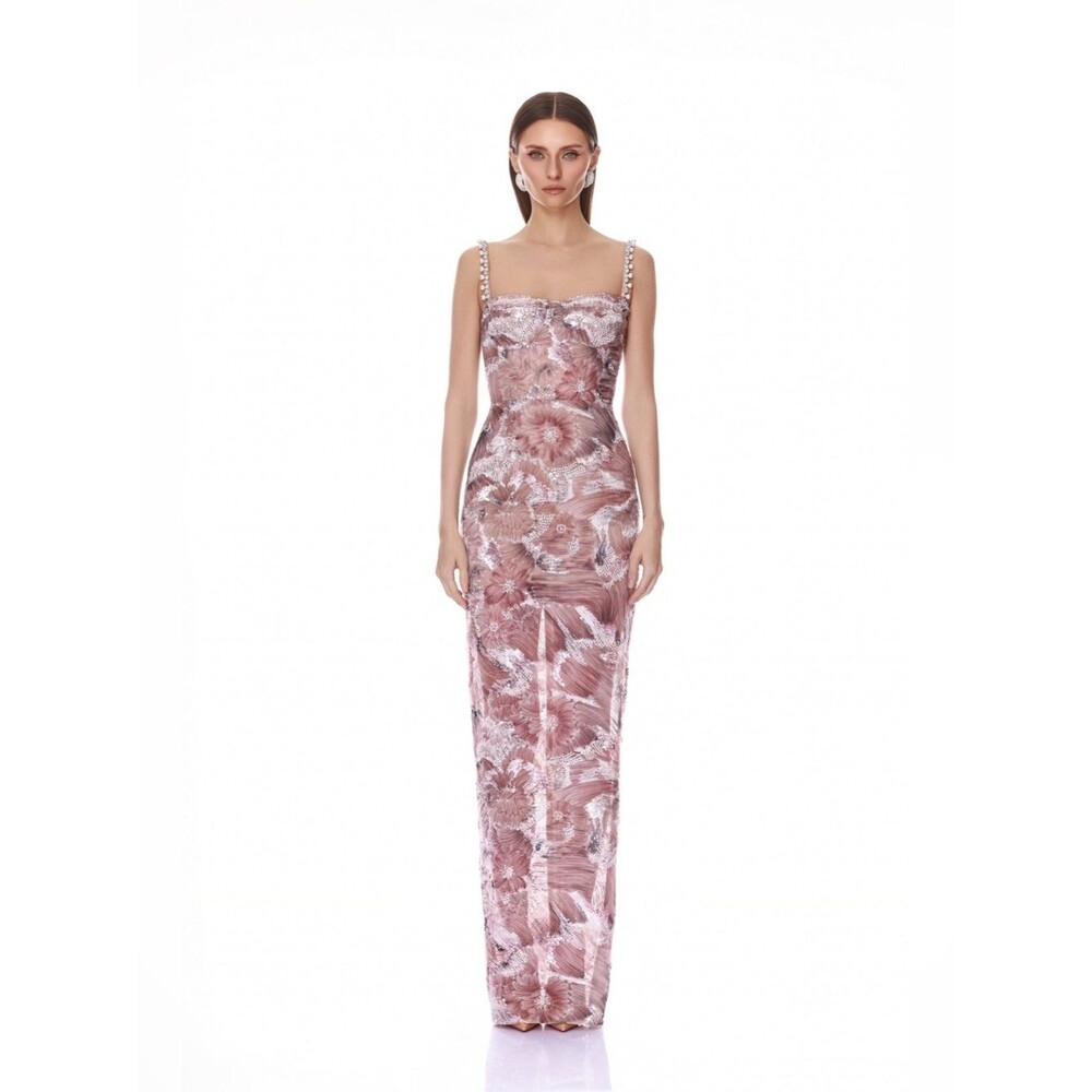 NWOT BRONX BANCO Eve Dahlia Embellished Blush Maxi Straps Column Dress in Pink